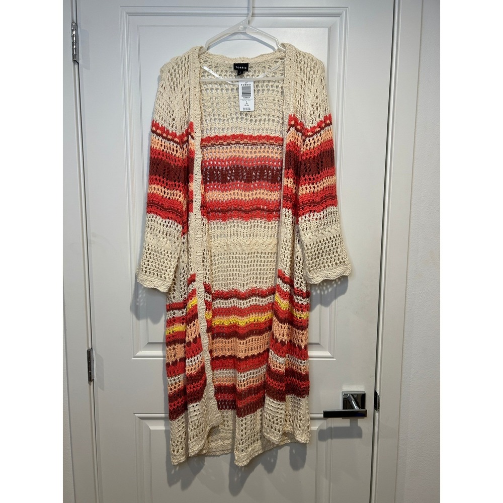 Torrid Open Knit Stripe Crochet Boho Duster‎ Cardigan Sweater Size 3 - Picture 3 of 8
